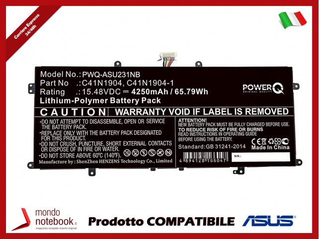 Batteria PowerQ per Asus Deluxe 14S 4250 mAh 15.48V P/N 02B200-03660500 Nero