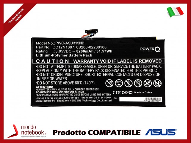 Batteria PowerQ per Asus T102H 8200 mAh 3.85V P/N 0B200-02230000 Nero