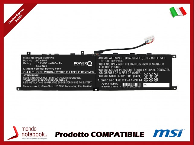 Batteria PowerQ per MSI GP66 4100 mAh 15.2V P/N BTY-M57 Nero