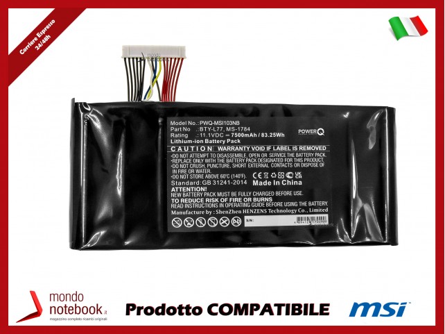 Batteria PowerQ per MSI 2QE-212CN 7500 mAh 11.1V P/N BTY-L77 Nero