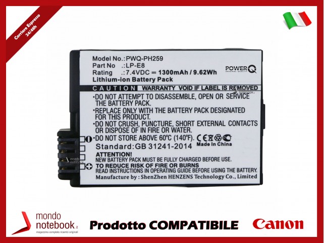 Batteria PowerQ per Canon EF-S 1300mAh 7.4V P/N LC-E8