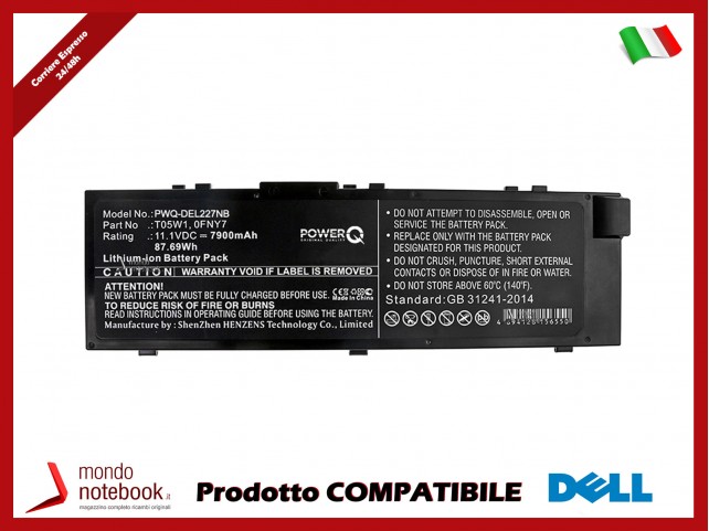 Batteria PowerQ per DELL Precision 15 7000 7900 mAh 11.1V P/N 0FNY7 Nero