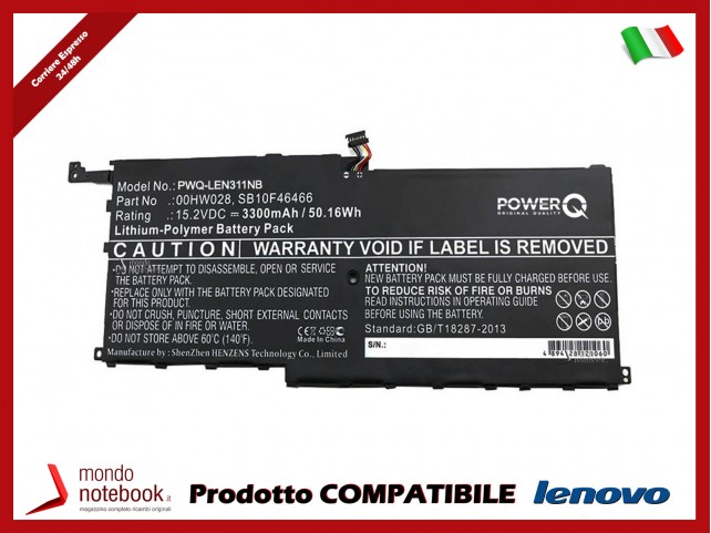 Batteria PowerQ per Lenovo 20FB002VGE 3300 mAh 15.2V P/N 00HW028 Nero