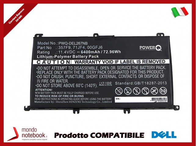 Batteria PowerQ per DELL Ins 15-7567-D1545B 6400 mAh 11.4V P/N 00GFJ6 Nero