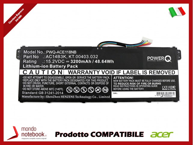 Batteria PowerQ per Acer Aspire ES15 3200 mAh 15.2V P/N AC14B3K Nero