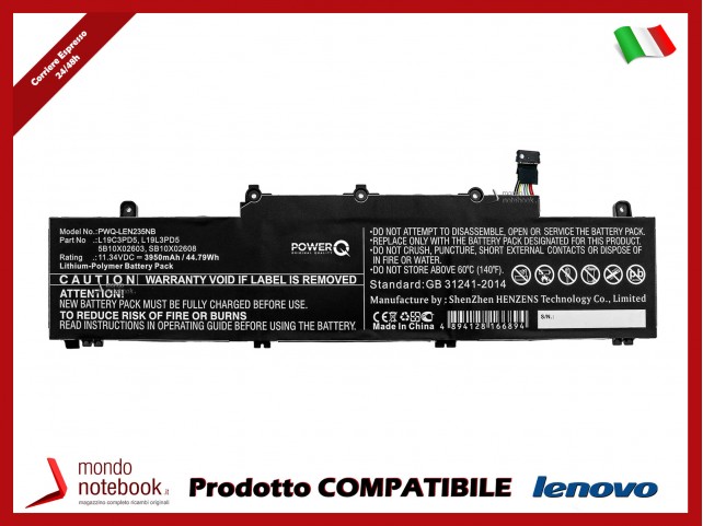 Batteria PowerQ per Lenovo ThinkPad E14 Gen 2 3950 mAh 11.34V P/N 5B10X02600 Nero