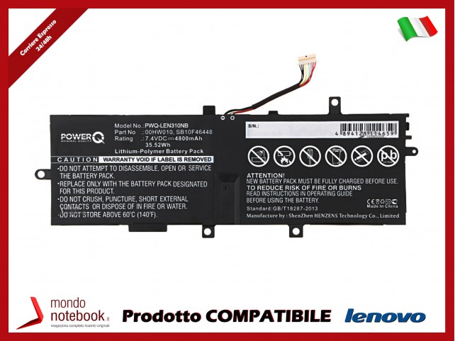 Batteria PowerQ per Lenovo ThinkPad Helix 2 4800 mAh 7.4V P/N 00HW004 Nero