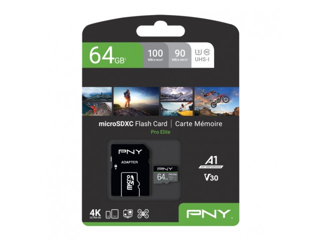 SD-MICRO PNY 64GB PRO Elite Class 10 / UHS-I U3, A1, V30, READ:100MB/WRITE:90 MB/S (4K-FHD) SDU64GV31100PRO-GE