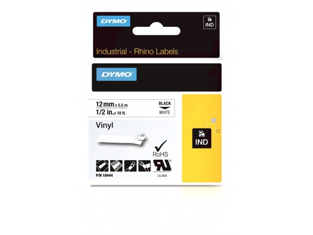 DYMO RHINO TAPE VINYL 12MM/5.5M  BLACK ON WHITE