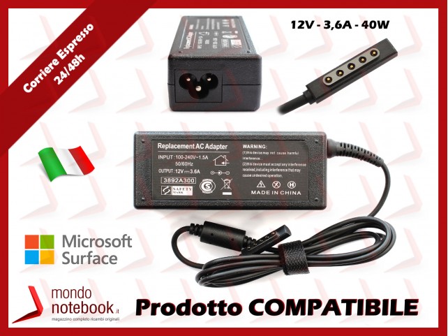 Alimentatore Compatibile per Microsoft 40W 12V 3,6A per Surface Pro1 Pro2 RT