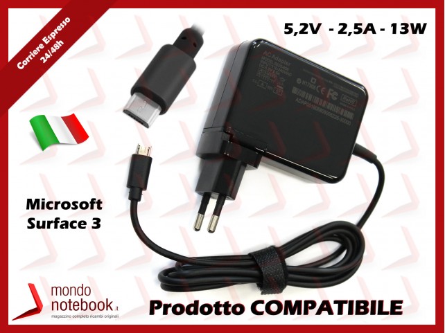 Alimentatore Compatibile per Microsoft Surface 3 13W 5,2V 2,5A con PLUG