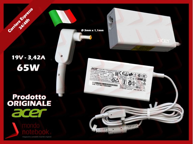 Alimentatore Originale ACER 65W 19V 3,42A (3,0mm x 1,1mm) Bianco