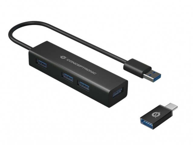 Conceptronic 4-Port Usb 3.0 Aluminum Hub  With Usb-C To Usb-A Adapter