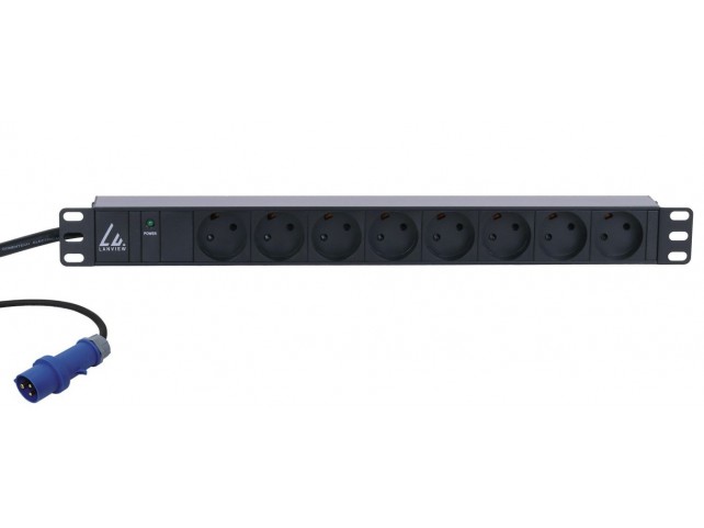 Lanview 19'' rack mount power strip,  1U, 16A with 8 x Danish type