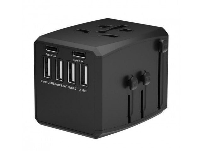 MicroConnect World Travel Adapter, 4 USB A  and 2 USB C ports