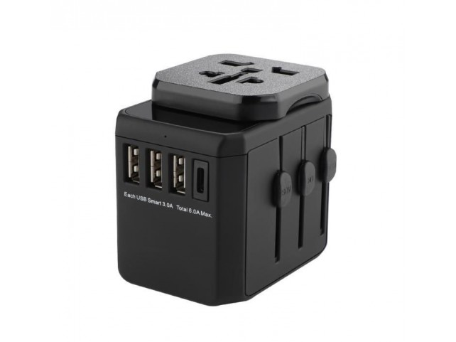 MicroConnect World Travel Adapter, 3 USB A  ports and 1 USB-C port, with