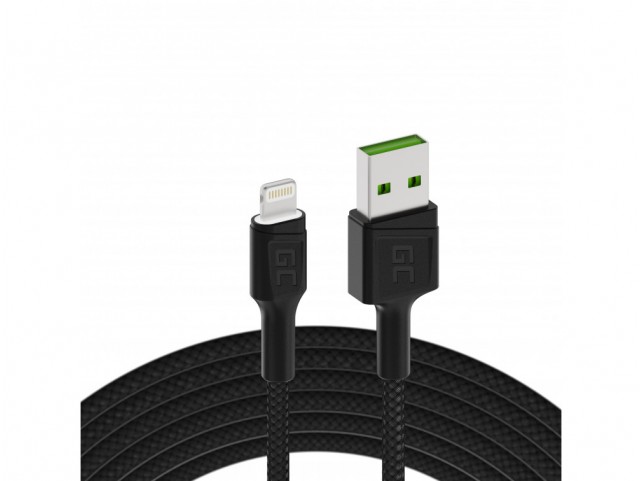 Cable Green Cell Ray USB Cable - Lightning 200cm with white LED backlight and support fast charging Ultra Charge, QC 3.0