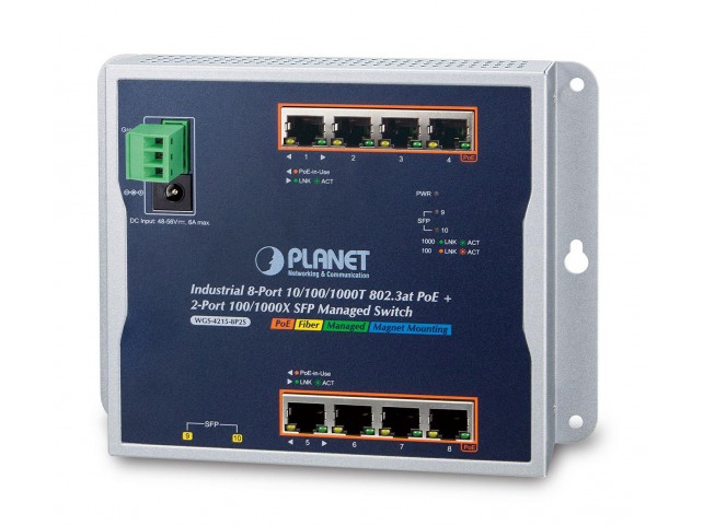 Planet IP30, IPv6/IPv4, 8-Port 1000T  802.3at PoE + 2-P 100/1000X