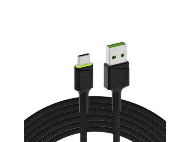 Cable Green Cell Ray USB Cable - USB-C 200cm with green LED backlight and support fast charging Ultra Charge, QC 3.0