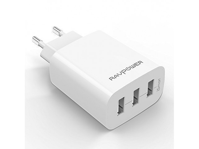 Caricatore USB da Muro a 3 Porte RAVPower (30W, 5V/6A), con Output Massima fino a 2.4A, Compatto per iPhone, iPad, Huawei, Sams