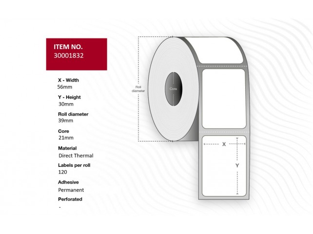 Capture Label 56x30, Core 21  39 mm.  White DT. Permanent. 120