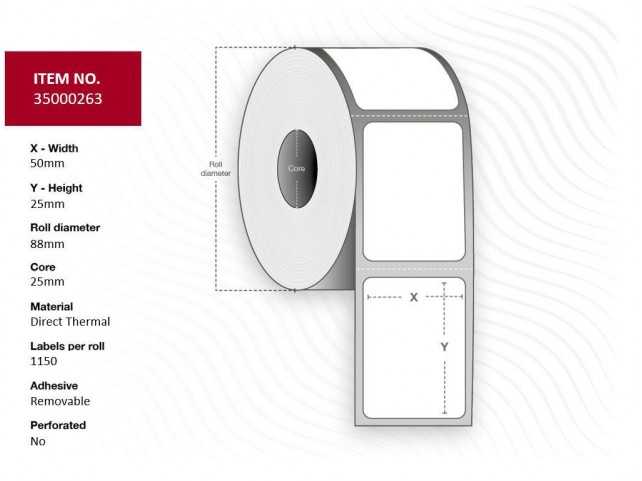 Capture Label 50x25 - Core 25.  Diameter 88mm, White.