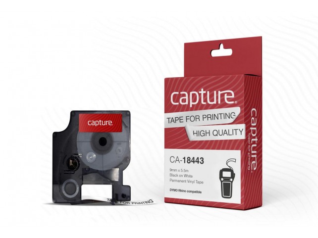 Capture 9mm x 5.5m Black on White  Permanent Vinyl Tape