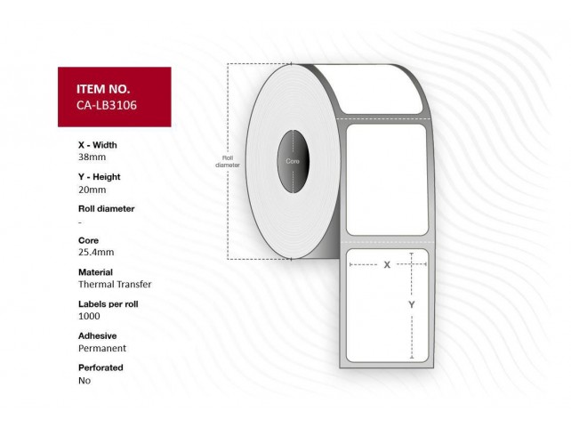 Capture Label 38 x 20 mm, Core 25,4  mm. Transparent PP/PE.