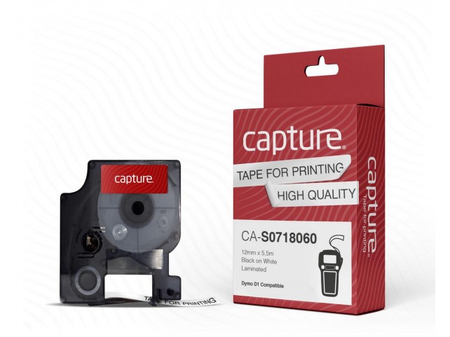 Capture 12mm x 5.5m Black on White  Permanent Polyester Tape