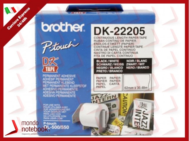 NASTRO BROTHER DK-22205 ADESIVO Nero/Bianco 62mm x 30.48m X QL-500 QL-550 QL-1050 QL-1050N QL-570 QL