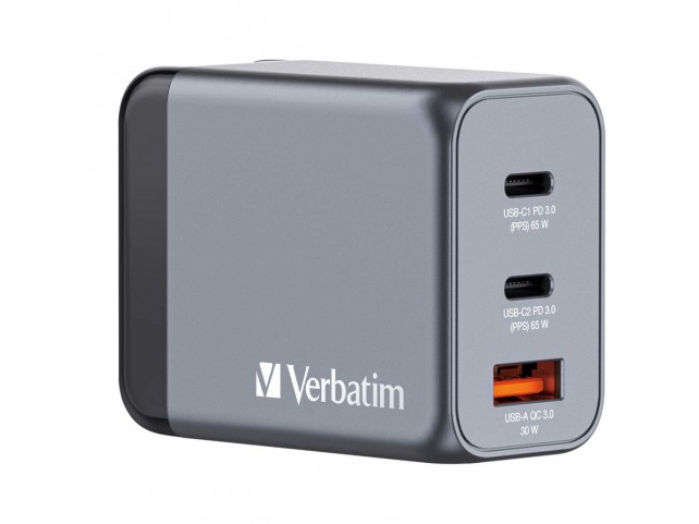 Verbatim GNC-65 GaN Charger 65W with 2  x USB-C© PD 65W. 1 x USB-A QC