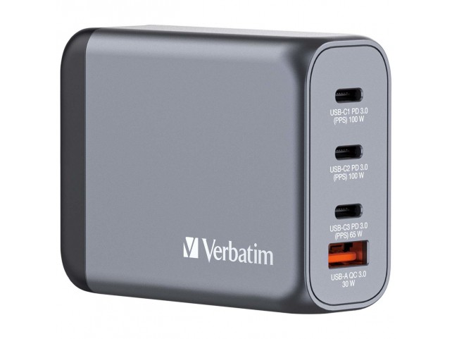 Verbatim GNC-100 GaN Charger 100W with  2 x USB-C© PD 100W. 1 x
