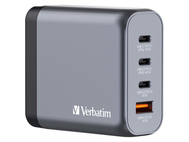 Verbatim GNC-140 GaN Charger 140W with  2 x USB-C© PD 140W. 1 x