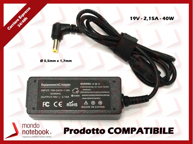 Alimentatore Compatibile per ACER 40W 19V 2,15A (5,5mm x 1,7mm)