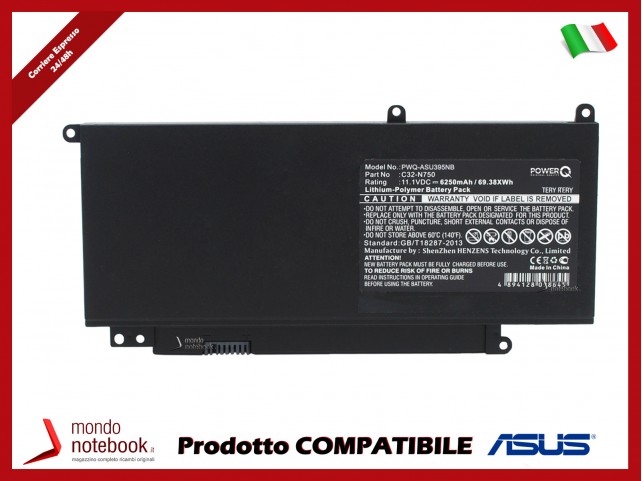 Batteria PowerQ per Asus N750 6250 mAh 11.1V P/N 0B200-00400000 Nero