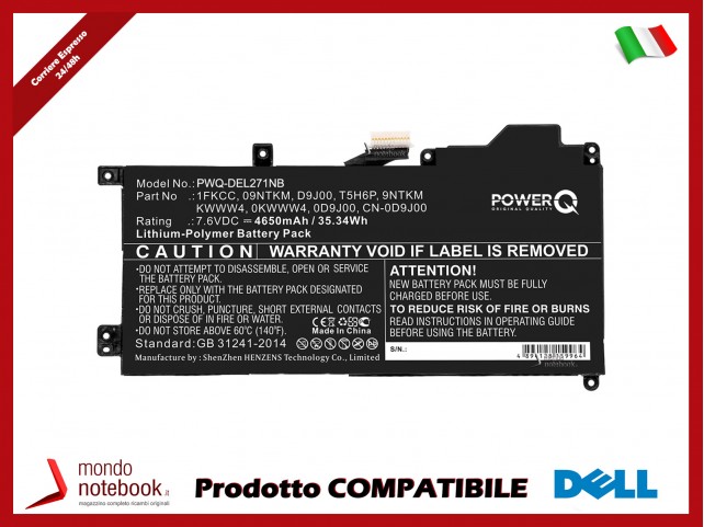 Batteria PowerQ per DELL Latitude 12 7200 4650 mAh 7.6V P/N 09NTKM Nero