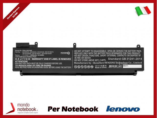 Batteria PowerQ per Lenovo T460s-2MCD 2000 mAh 11.4V P/N 00HW022 Nero