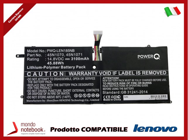 Batteria PowerQ per Lenovo ThinkPad X1 Carbon 3100 mAh 14.8V P/N 45N1070 Nero