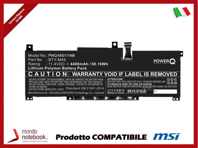 Batteria PowerQ per MSI GSP14 4400 mAh 11.4V P/N BTY-M49 Nero