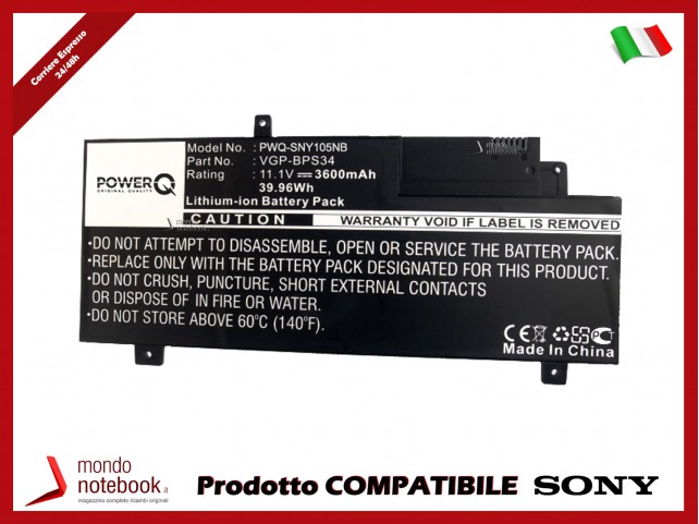 Batteria PowerQ per Sony F15A16 3600 mAh 11.1V P/N VGP-BPL34 Nero