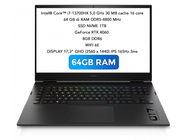 Notebook HP OMEN 17" QHD 165Hz i7 13700HX 64GB RAM RTX 4060 1TB SSD