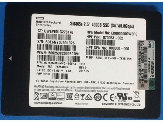 Hewlett Packard Enterprise SSD 400GB 6G SFF SATA WI-3 NHP  