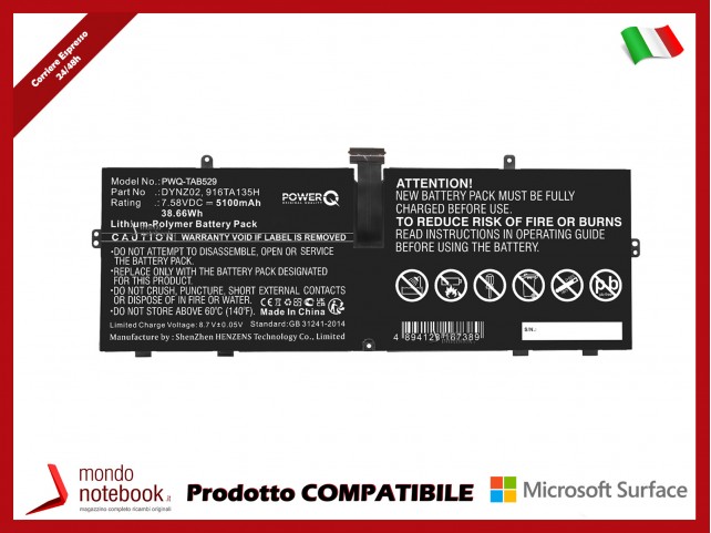 Batteria PowerQ per Microsoft Surface Go 1943 5100mAh 7.58V P/N DYNZ02 916TA135H