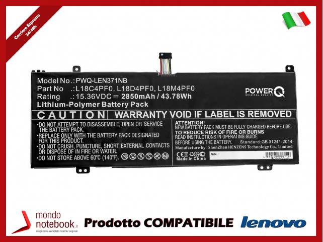 Batteria PowerQ per Lenovo ThinkBook 13s 2850 mAh 15.36V P/N 5B10S73499 Nero