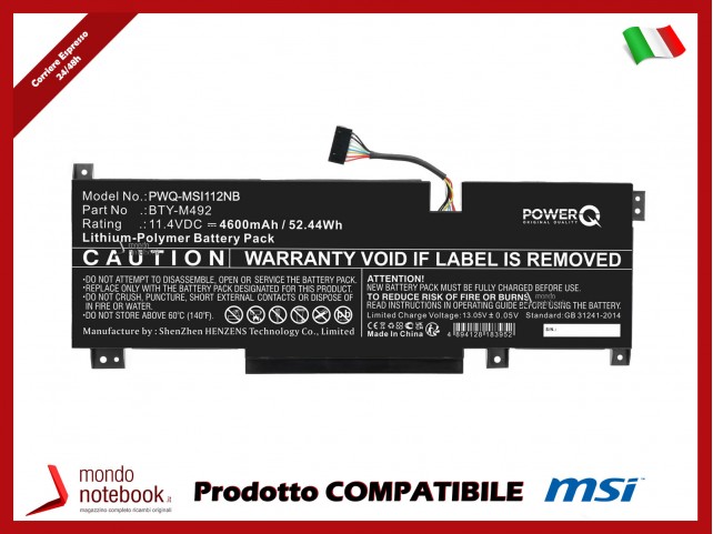 Batteria PowerQ per MSI 52.44Wh 11.4V 4600mAh for Katana GF66 GF76 Bravo 15 B55DD