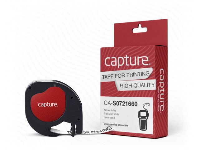 Capture 12mm x 4m Black on White  Plastic Tape