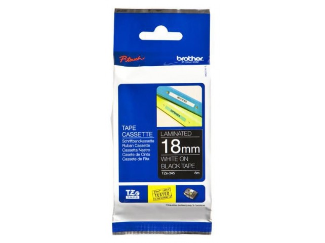 Brother TZE345 18MM WHITE ON BLACK  TAPE - MOQ 25 Laminated tape