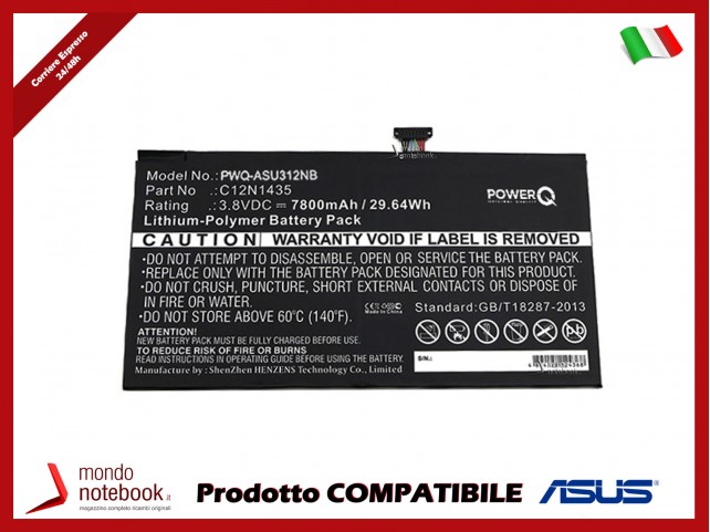 Batteria PowerQ per Asus Transformer Book T100HA 7800 mAh 3.8V P/N C12N1435 Nero