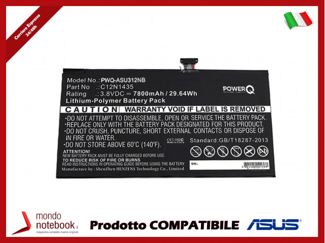 Batteria PowerQ per Asus Transformer Book T100HA 7800 mAh 3.8V P/N C12N1435 Nero