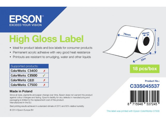Epson High Gloss Label - Continuous  Roll: 76mm x 33m Glossy,